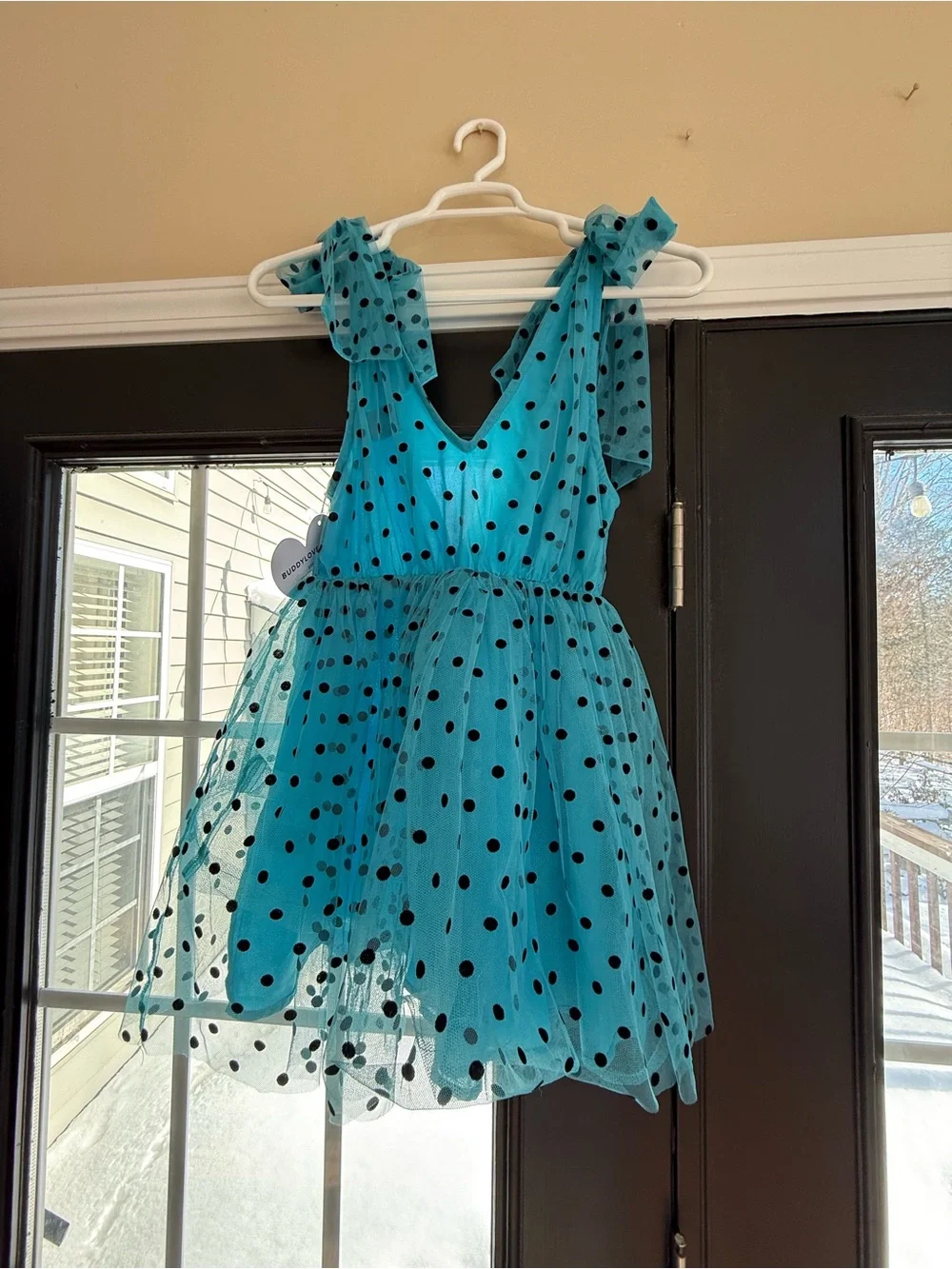 Teal Blue Polka Dot Tulle Party Dress with Black Dots - Picture 6 of 8